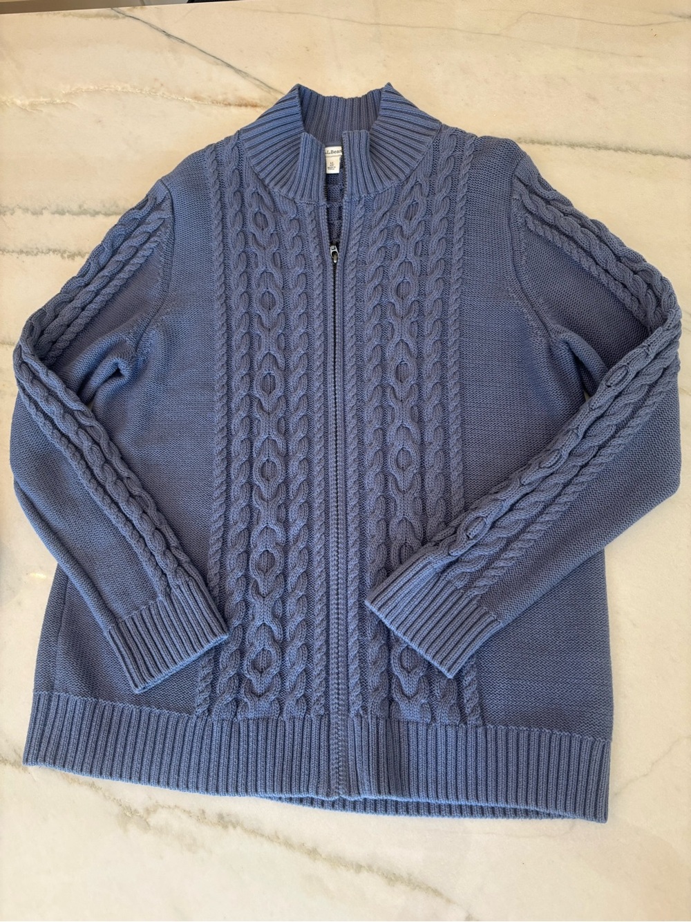 L.L. Bean Dusty Blue Chunky Knit Zip Up Jacket Layering Fall Boho 100% Cotton XL - Picture 3 of 8